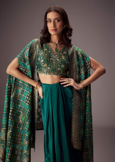 Teal Green Draped Skirt With Embroidered Blouse And Tassel Cape