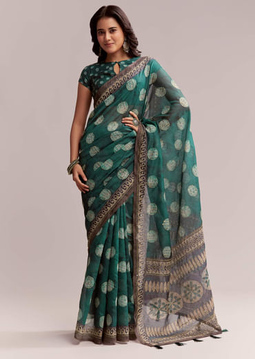 Teal Green Linen Printed Saree With Handcrafted Ajrakh Work