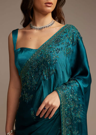Teal Green Satin Chinon Saree with Floral Embroidery
