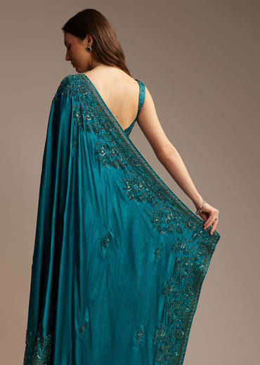 Teal Green Satin Chinon Saree with Floral Embroidery
