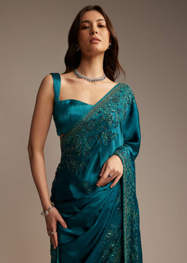 Teal Green Satin Chinon Saree with Floral Embroidery