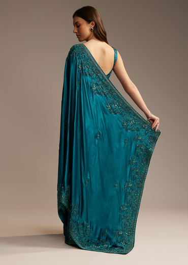 Teal Green Satin Chinon Saree with Floral Embroidery
