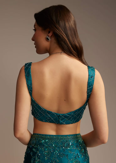Teal Green Satin Chinon Saree with Floral Embroidery