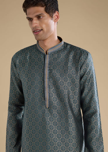 Teal Jacquard Self Work Mens Kurta Set