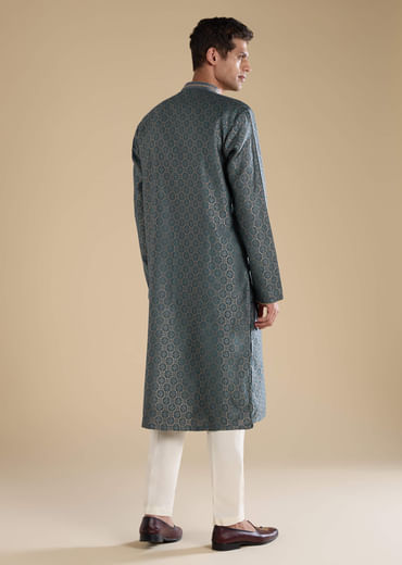 Teal Jacquard Self Work Mens Kurta Set