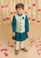 Kalki Boys Teal Kurta Set With Elephant Motifs And Green Nehru Jacket With Kantha Work By Tiber Taber