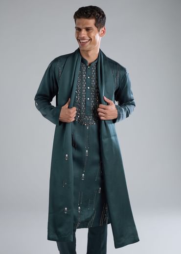 Teal Kurta Set With Hand Embroidery And Cutdana Details