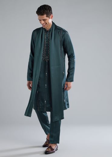 Teal Kurta Set With Hand Embroidery And Cutdana Details