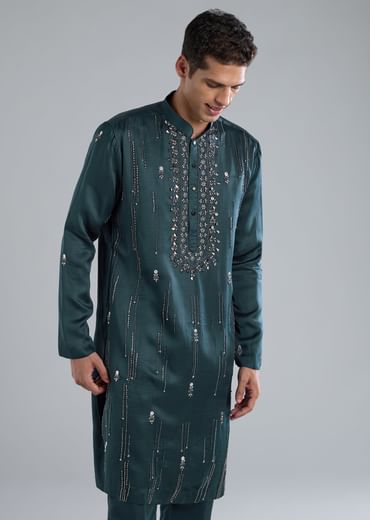 Teal Kurta Set With Hand Embroidery And Cutdana Details