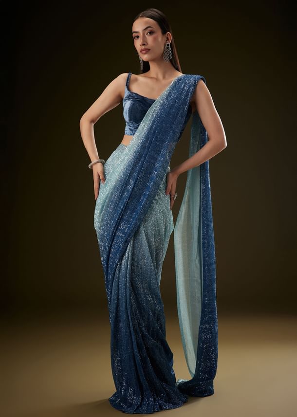 Teal Ombre Sequence Ready To Wear Saree With Velvet Blouse Teal Ombre Sequence Ready To Wear Saree With Velvet Blouse