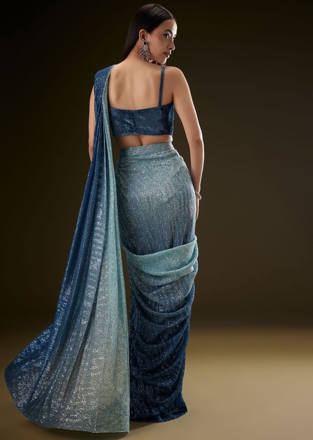 Teal Ombre Sequence Ready To Wear Saree With Velvet Blouse Teal Ombre Sequence Ready To Wear Saree With Velvet Blouse