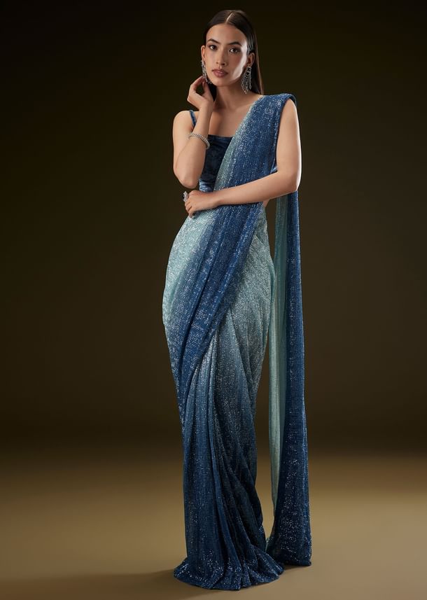 Teal Ombre Sequence Ready To Wear Saree With Velvet Blouse Teal Ombre Sequence Ready To Wear Saree With Velvet Blouse