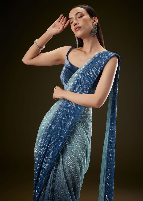 Teal Ombre Sequence Ready To Wear Saree With Velvet Blouse Teal Ombre Sequence Ready To Wear Saree With Velvet Blouse