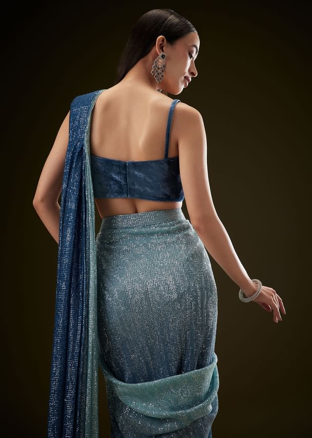 Teal Ombre Sequence Ready To Wear Saree With Velvet Blouse Teal Ombre Sequence Ready To Wear Saree With Velvet Blouse