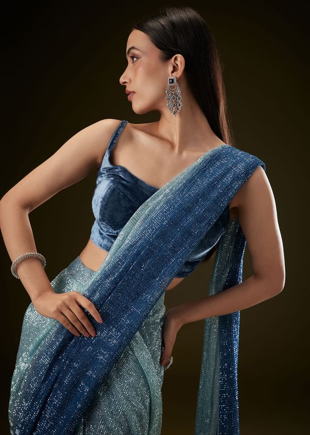 Teal Ombre Sequence Ready To Wear Saree With Velvet Blouse Teal Ombre Sequence Ready To Wear Saree With Velvet Blouse