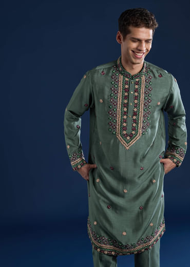Teal Resham Embroidered Mens Kurta and Pant Set