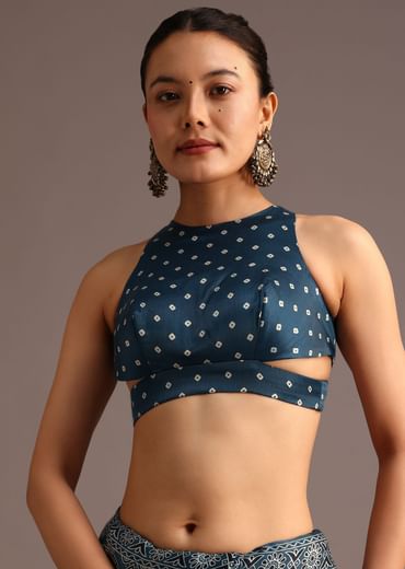 Teal Satin Ajrakh Print Saree With Mirror Embellished Border And Pallu