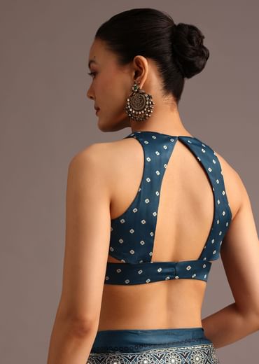 Teal Satin Ajrakh Print Saree With Mirror Embellished Border And Pallu