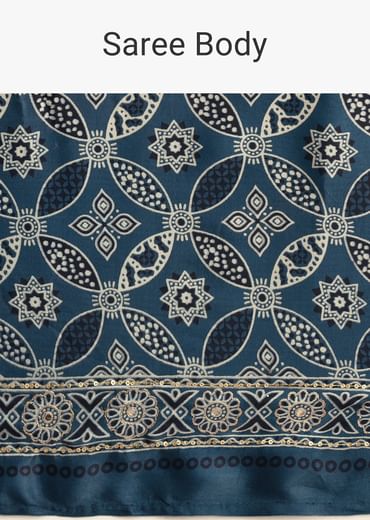 Teal Satin Ajrakh Print Saree With Mirror Embellished Border And Pallu
