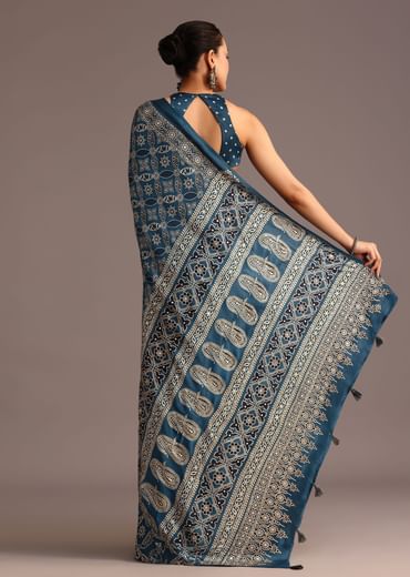Teal Satin Ajrakh Print Saree With Mirror Embellished Border And Pallu