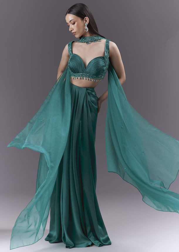 Teal Satin Crop Top And Drape Skirt Set With Heavy Embroidery Teal Satin Crop Top And Drape Skirt Set With Heavy Embroidery