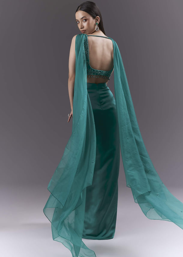 Teal Satin Crop Top And Drape Skirt Set With Heavy Embroidery Teal Satin Crop Top And Drape Skirt Set With Heavy Embroidery