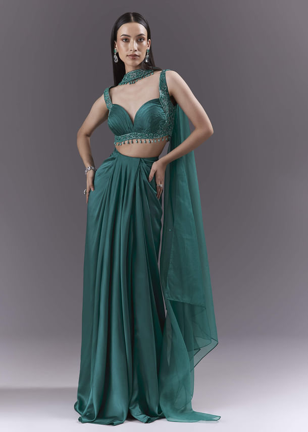 Teal Satin Crop Top And Drape Skirt Set With Heavy Embroidery Teal Satin Crop Top And Drape Skirt Set With Heavy Embroidery