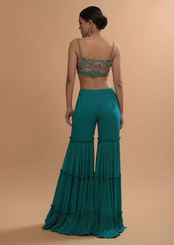 Teal Sharara And Crop Top Set With Colorful Resham, Cut Dana And Moti Embroidered Spring Blooms Teal Sharara And Crop Top Set With Colorful Resham, Cut Dana And Moti Embroidered Spring Blooms