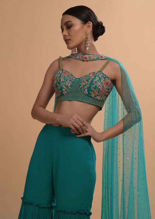 Teal Sharara And Crop Top Set With Colorful Resham, Cut Dana And Moti Embroidered Spring Blooms Teal Sharara And Crop Top Set With Colorful Resham, Cut Dana And Moti Embroidered Spring Blooms