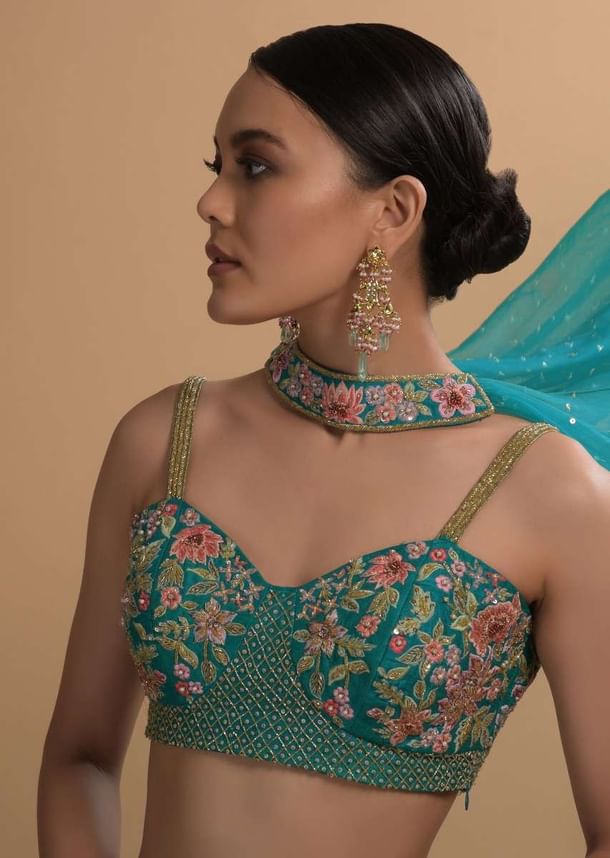 Teal Sharara And Crop Top Set With Colorful Resham, Cut Dana And Moti Embroidered Spring Blooms Teal Sharara And Crop Top Set With Colorful Resham, Cut Dana And Moti Embroidered Spring Blooms