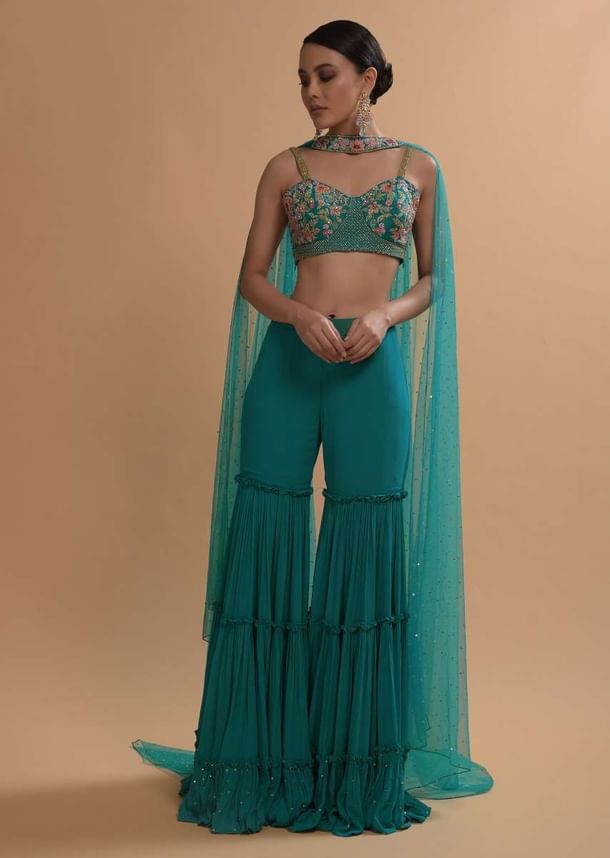 Teal Sharara And Crop Top Set With Colorful Resham, Cut Dana And Moti Embroidered Spring Blooms Teal Sharara And Crop Top Set With Colorful Resham, Cut Dana And Moti Embroidered Spring Blooms