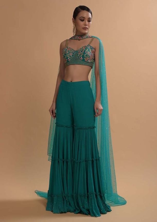 Teal Sharara And Crop Top Set With Colorful Resham, Cut Dana And Moti Embroidered Spring Blooms Teal Sharara And Crop Top Set With Colorful Resham, Cut Dana And Moti Embroidered Spring Blooms