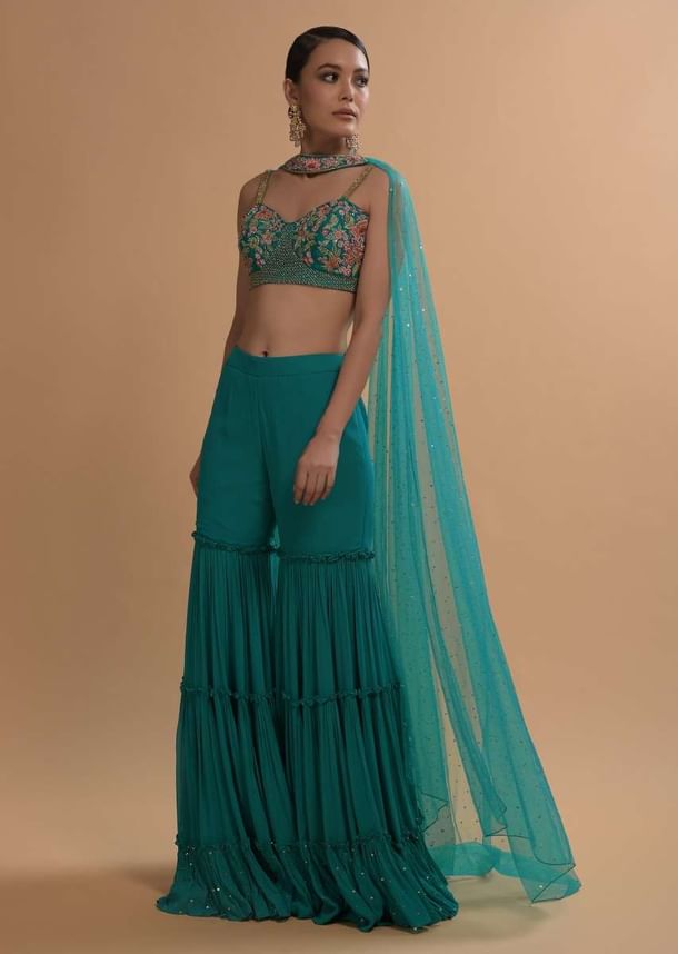 Teal Sharara And Crop Top Set With Colorful Resham, Cut Dana And Moti Embroidered Spring Blooms Teal Sharara And Crop Top Set With Colorful Resham, Cut Dana And Moti Embroidered Spring Blooms