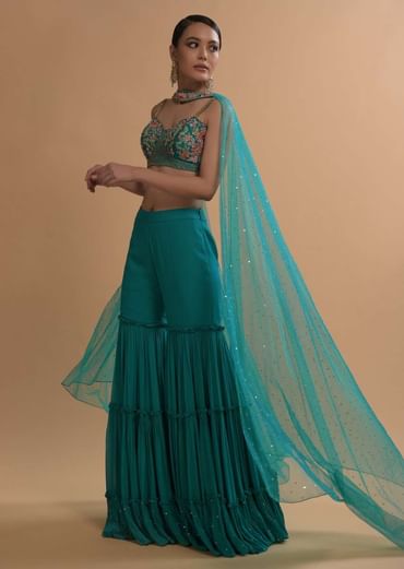 Teal Sharara And Crop Top Set With Colorful Resham, Cut Dana And Moti Embroidered Spring Blooms