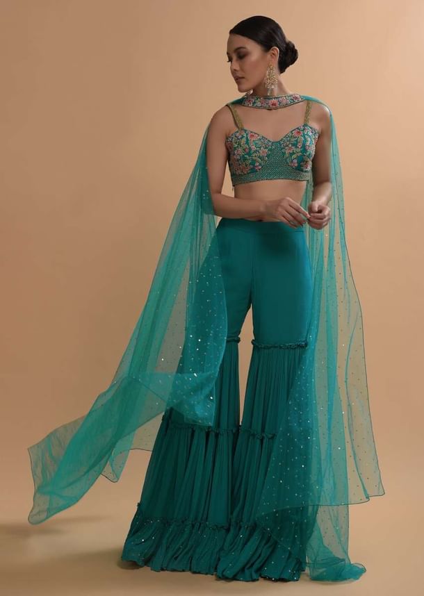 Teal Sharara And Crop Top Set With Colorful Resham, Cut Dana And Moti Embroidered Spring Blooms Teal Sharara And Crop Top Set With Colorful Resham, Cut Dana And Moti Embroidered Spring Blooms