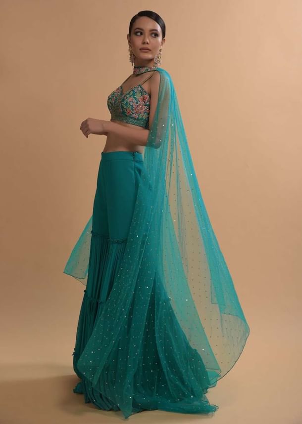 Teal Sharara And Crop Top Set With Colorful Resham, Cut Dana And Moti Embroidered Spring Blooms Teal Sharara And Crop Top Set With Colorful Resham, Cut Dana And Moti Embroidered Spring Blooms