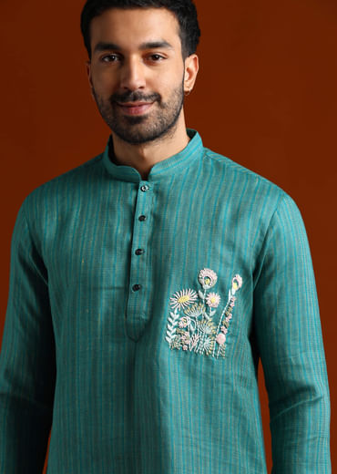 Teal Textured Kurta Set For Men With Thread Embroidery