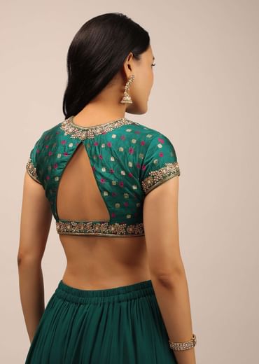 Teal Blouse In Brocade With Woven Buttis, Bandhani And Zardosi Embroidery