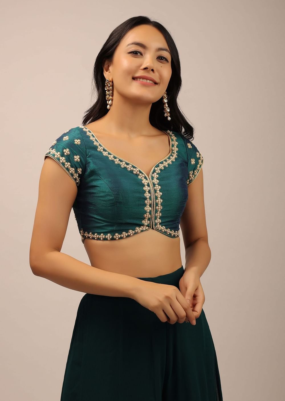 Pink Blouse In Brocade Silk With Bandhani Print And Half Sleeves