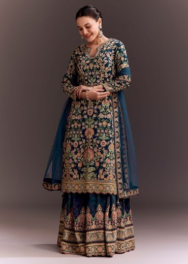 Teal Blue Embroidered Palazzo Set