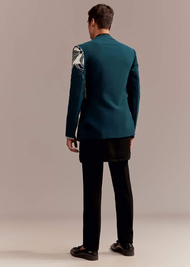 Teal Blue Indo Western Set For Men With Heavy Embroidery