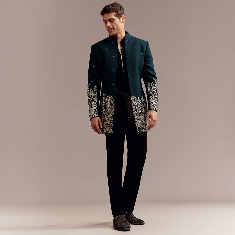 Teal Blue Indo Western Set For Men With Ivory Floral Embroidery