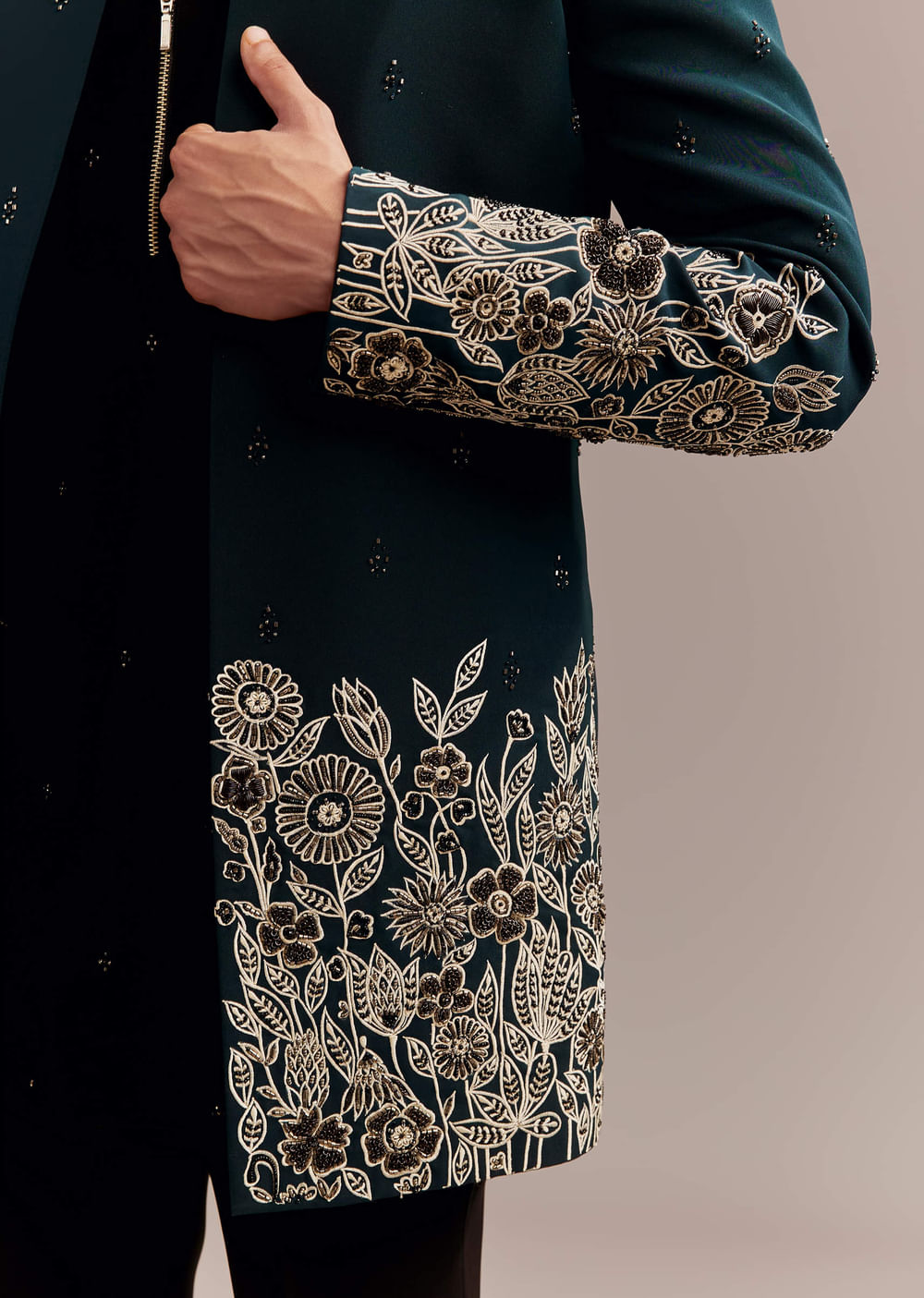 Teal Blue Indo Western Set For Men With Ivory Floral Embroidery