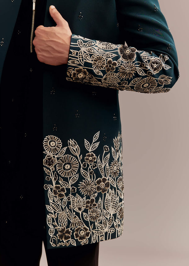Teal Blue Indo Western Set For Men With Ivory Floral Embroidery
