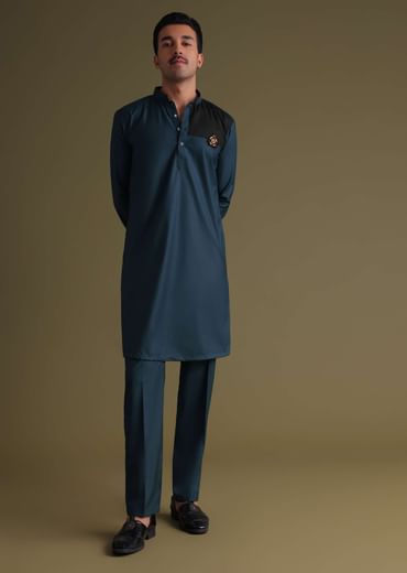 Teal Blue Pathani Kurta Set In Rayon With A Black Patch On Shoulder With Embroidery