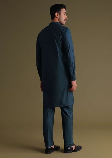 Teal Blue Pathani Kurta Set In Rayon With A Black Patch On Shoulder With Embroidery