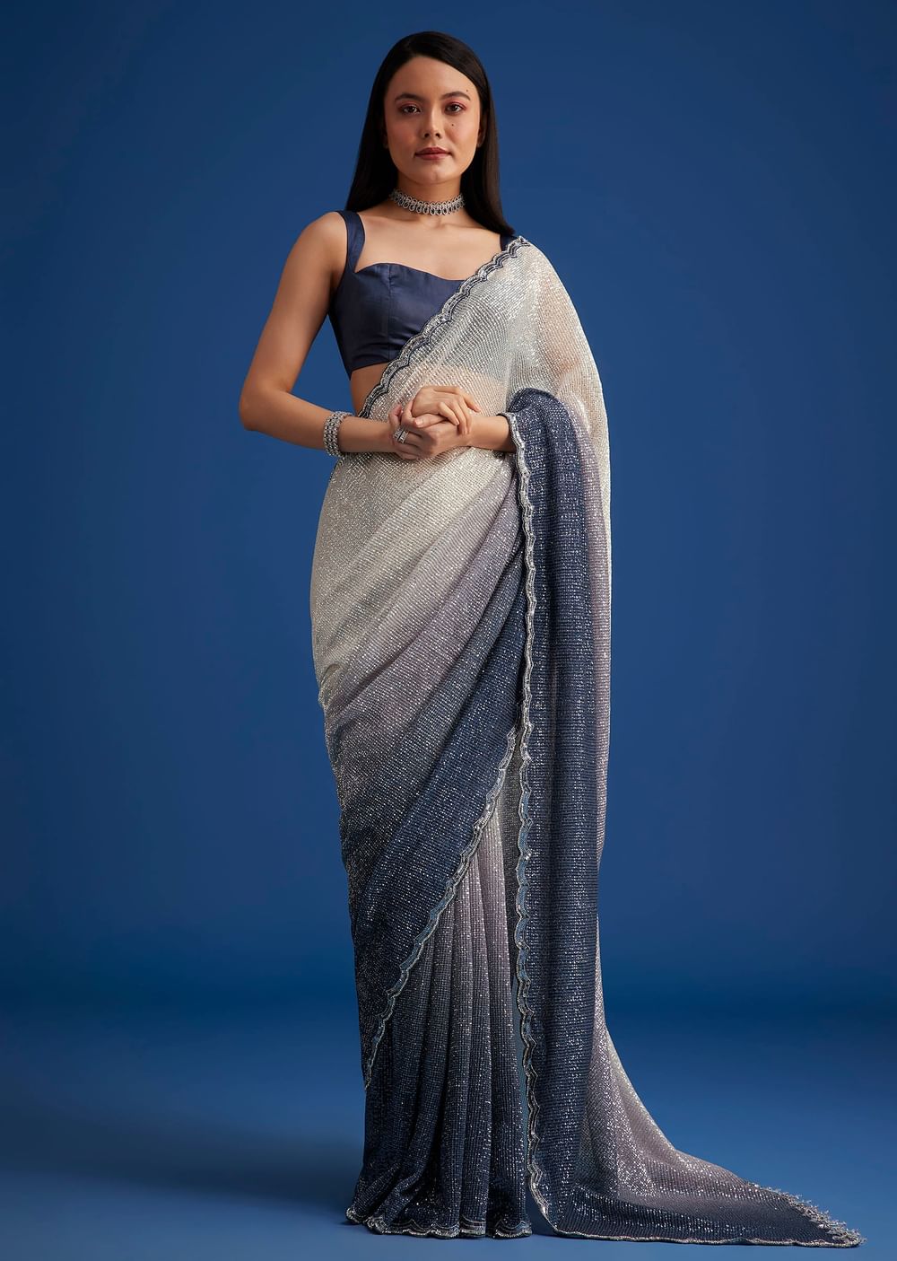 Teal Blue Sequins Saree With Scallop Embroidery Border