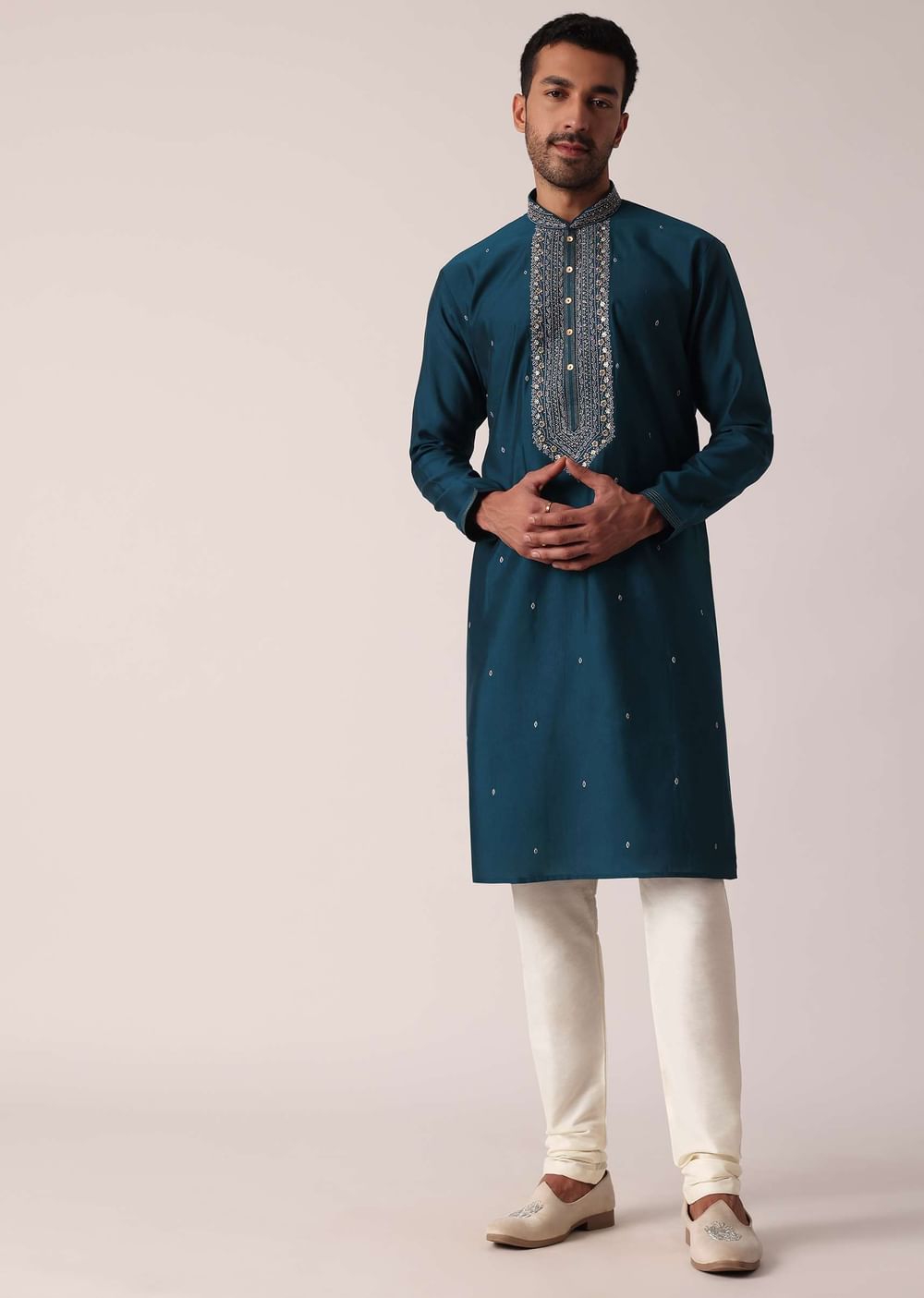 Teal Cotton Silk Kurta Set For Men