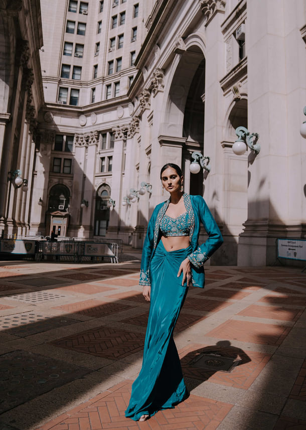 Teal Drape Skirt With Hand Embroidered Blouse And Jacket