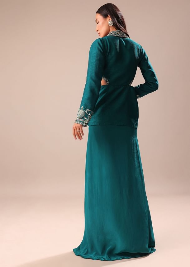 Teal Drape Skirt With Hand Embroidered Blouse And Jacket